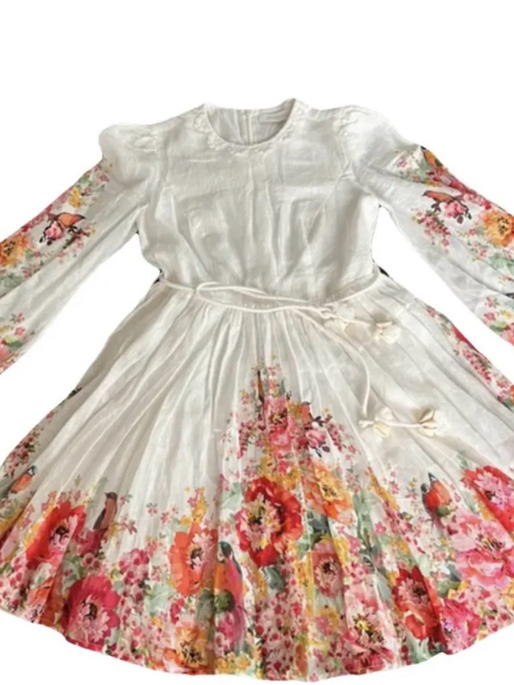 Zimmermann White Floral Long-Sleeve Pleated Dress Size 0
